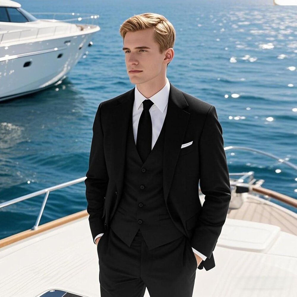 Men's Regular Fit 3-Piece Black Suit - Slim Fit Blazer, Vest & Pants - XXL - Picture 2 of 6